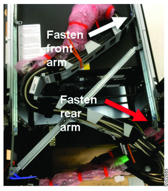 Cable management arm, front and rear fastened to rail